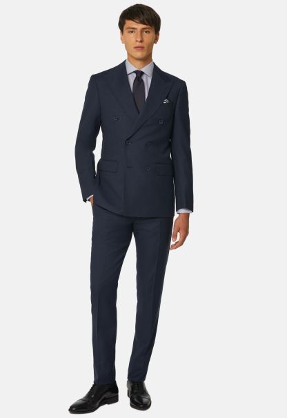 Men Suits Streamlined Blue Double-Breasted Micro-Textured Suit In Wool